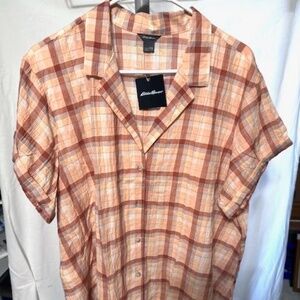 Eddie Bauer Packable Camp Shirt 2XL Apricot Plaid BRAND NEW W/TAGS